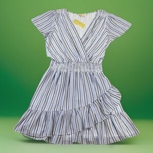 Michael Kors Dress Striped Georgette Blue White Ruffle Women Sz L Flutter Sleeve